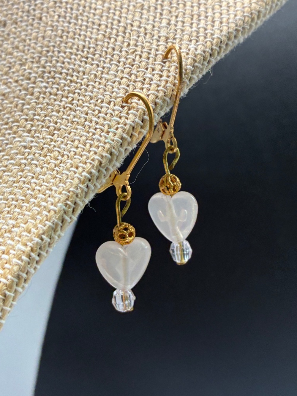 Vintage Gold-Tone Upcycled Clear Frosted Heart Drop Earrings